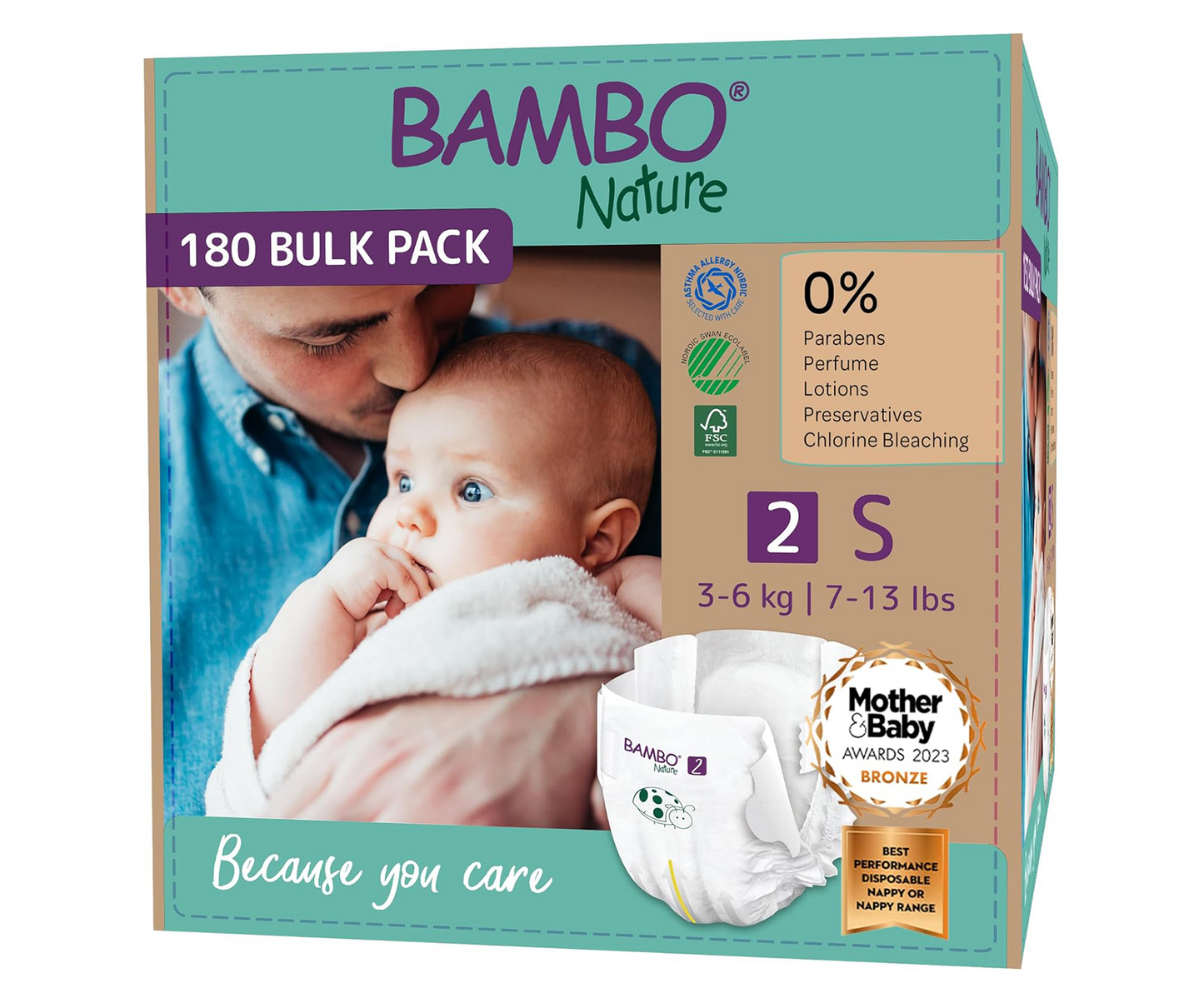 Bambo Nature Premium Eco Nappies – Size 2 Mini (3–6 kg / 7–13 lb), 180-Pack