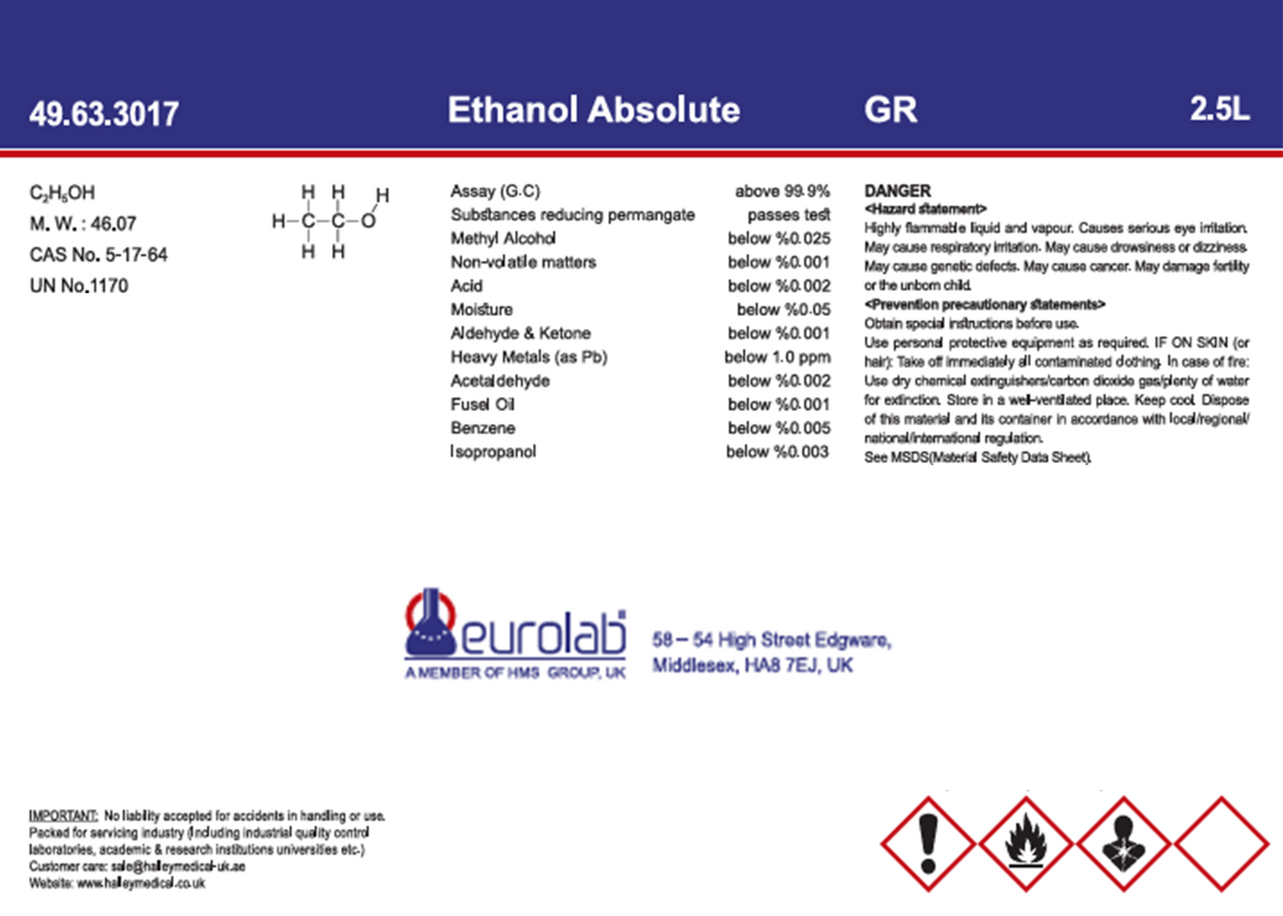 Ethyl Alcohol (Ethanol Absolute) 99.9% Sanitizing Pure Liquid 2.5 litre