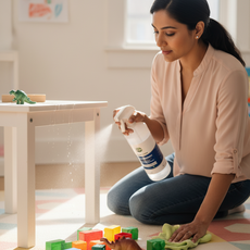 Woman cleaning a wooden table with children's toys on the floor.