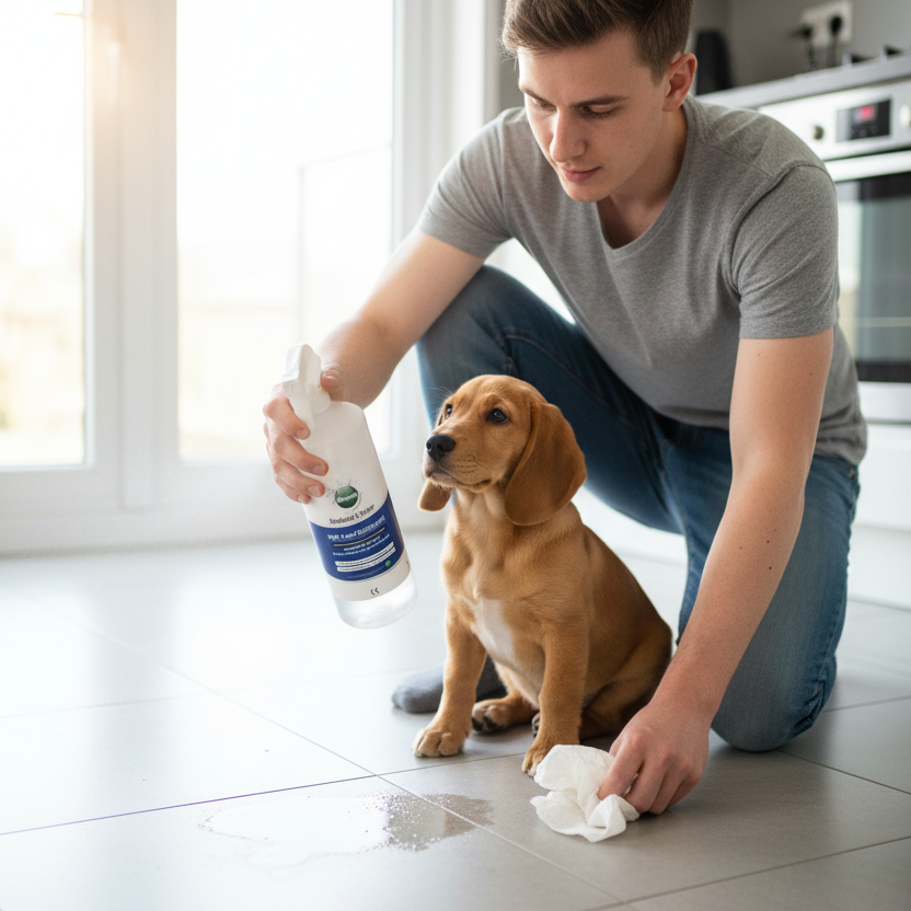 Man cleaning a dog's mess on a tiled floor with a bottle of cleaning solution.