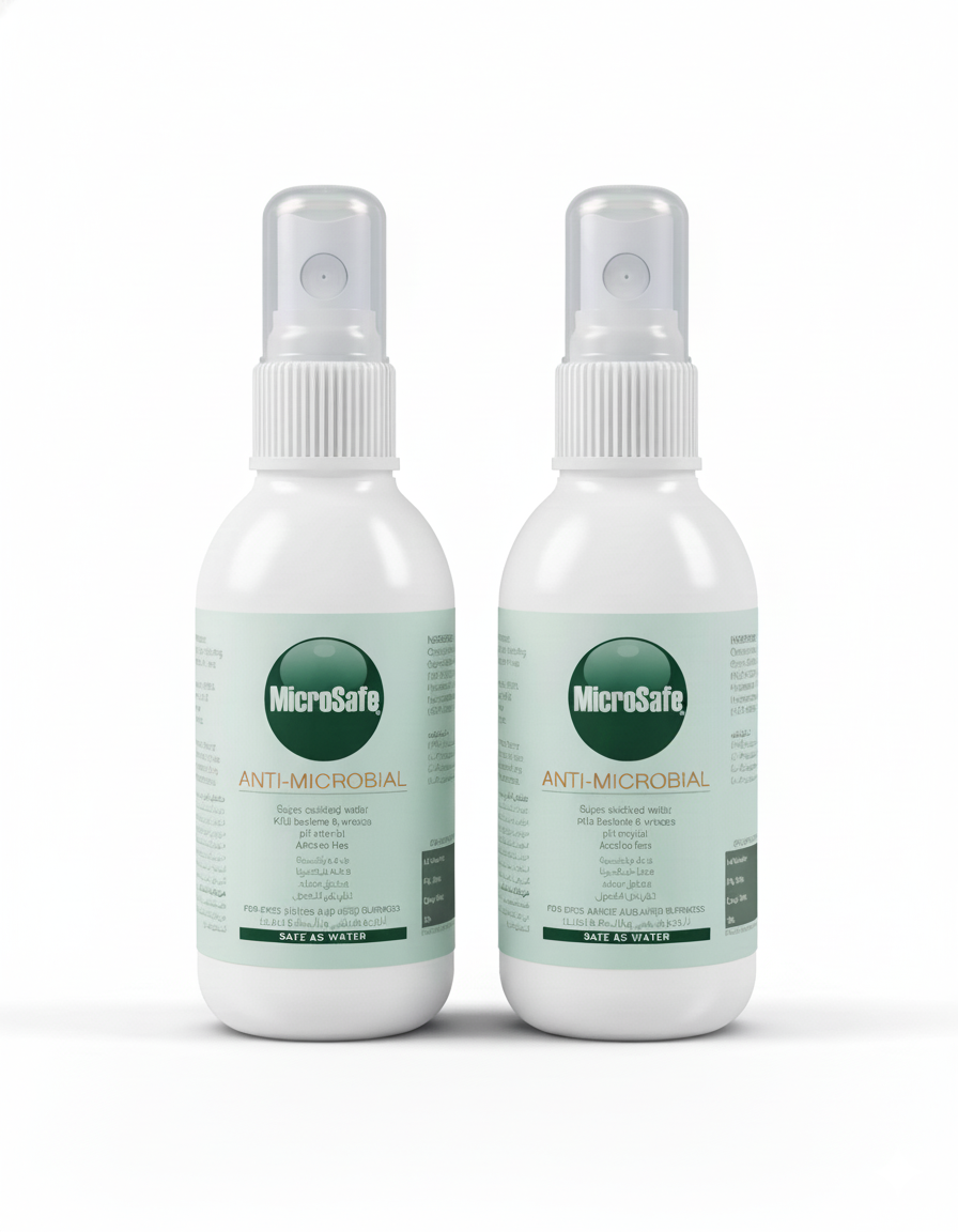 Two bottles of MicroSafe Anti-Microbial spray on a white background