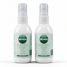 Two bottles of MicroSafe Anti-Microbial spray on a white background