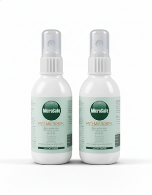 Two bottles of MicroSafe Anti-Microbial spray on a white background