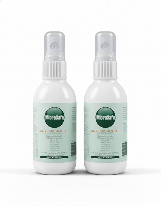 Two bottles of MicroSafe Anti-Microbial spray on a white background