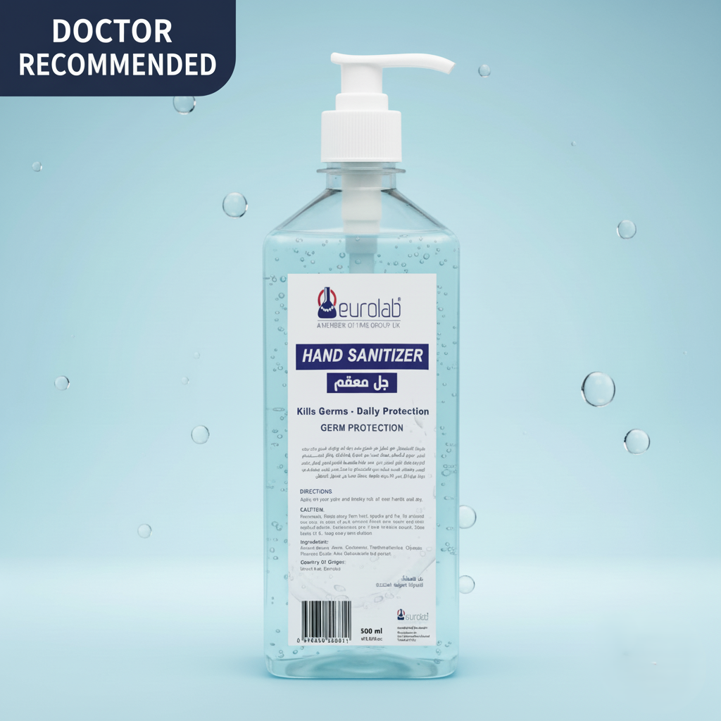 Eurolab hand sanitizer bottle on a light blue background
