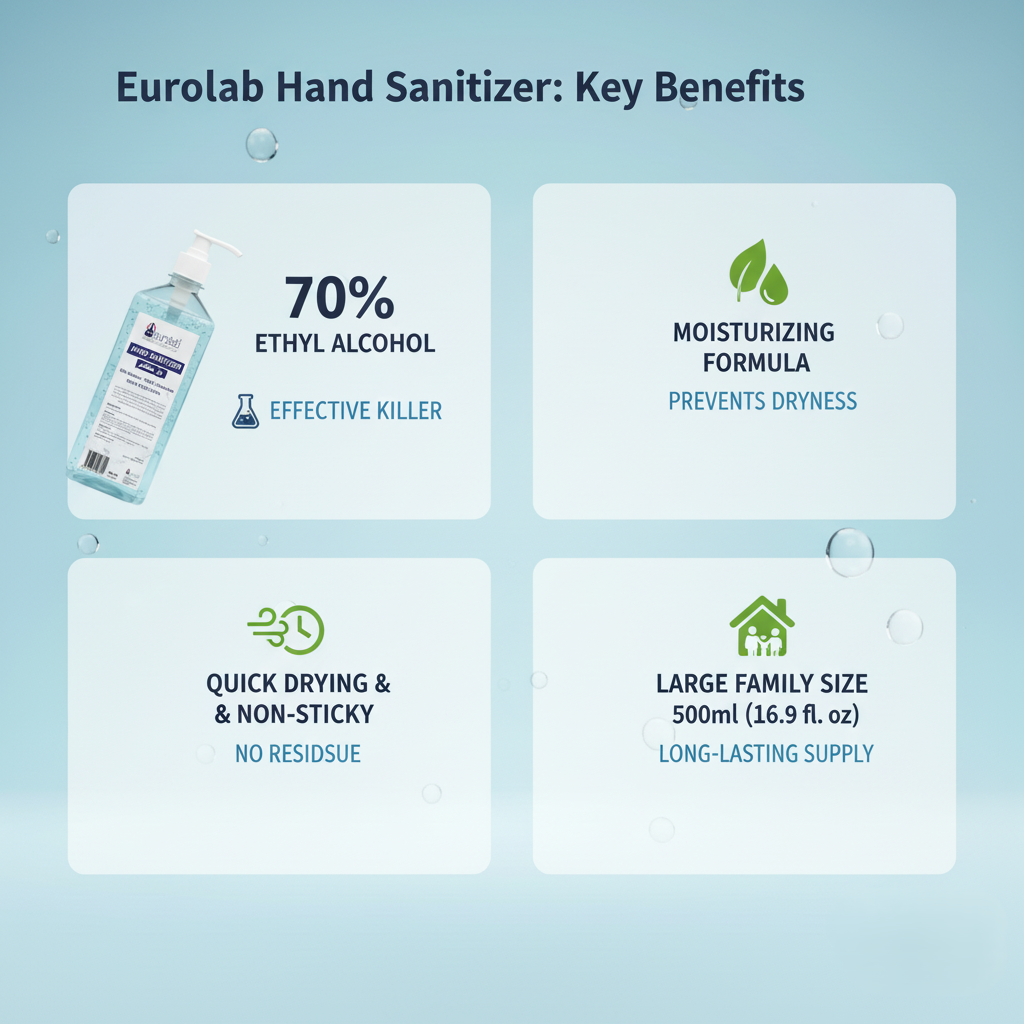 Eurolab Hand Sanitizer key benefits on a blue background