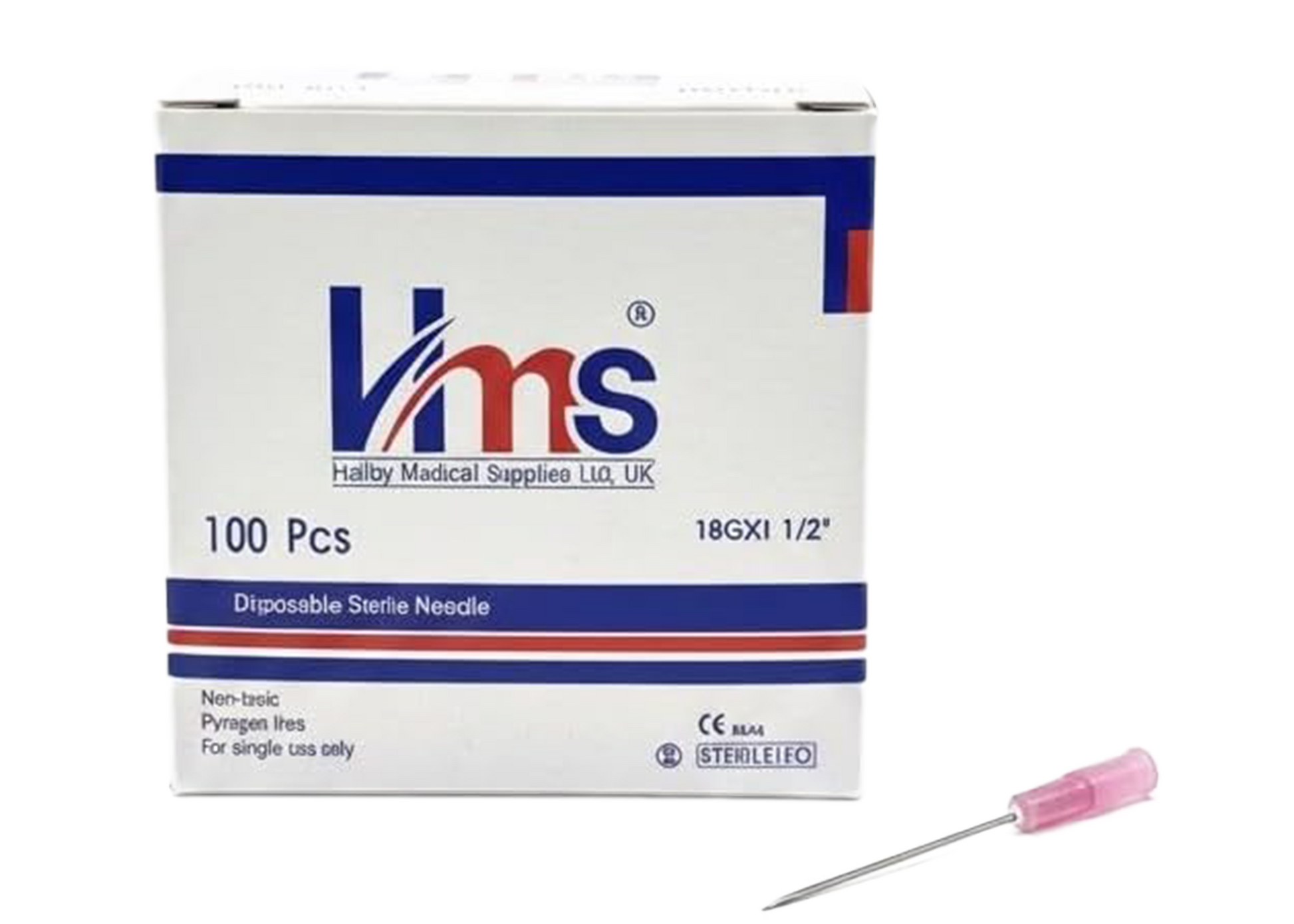Box of Halby Medical Supplies disposable sterile needles with a needle on a white background