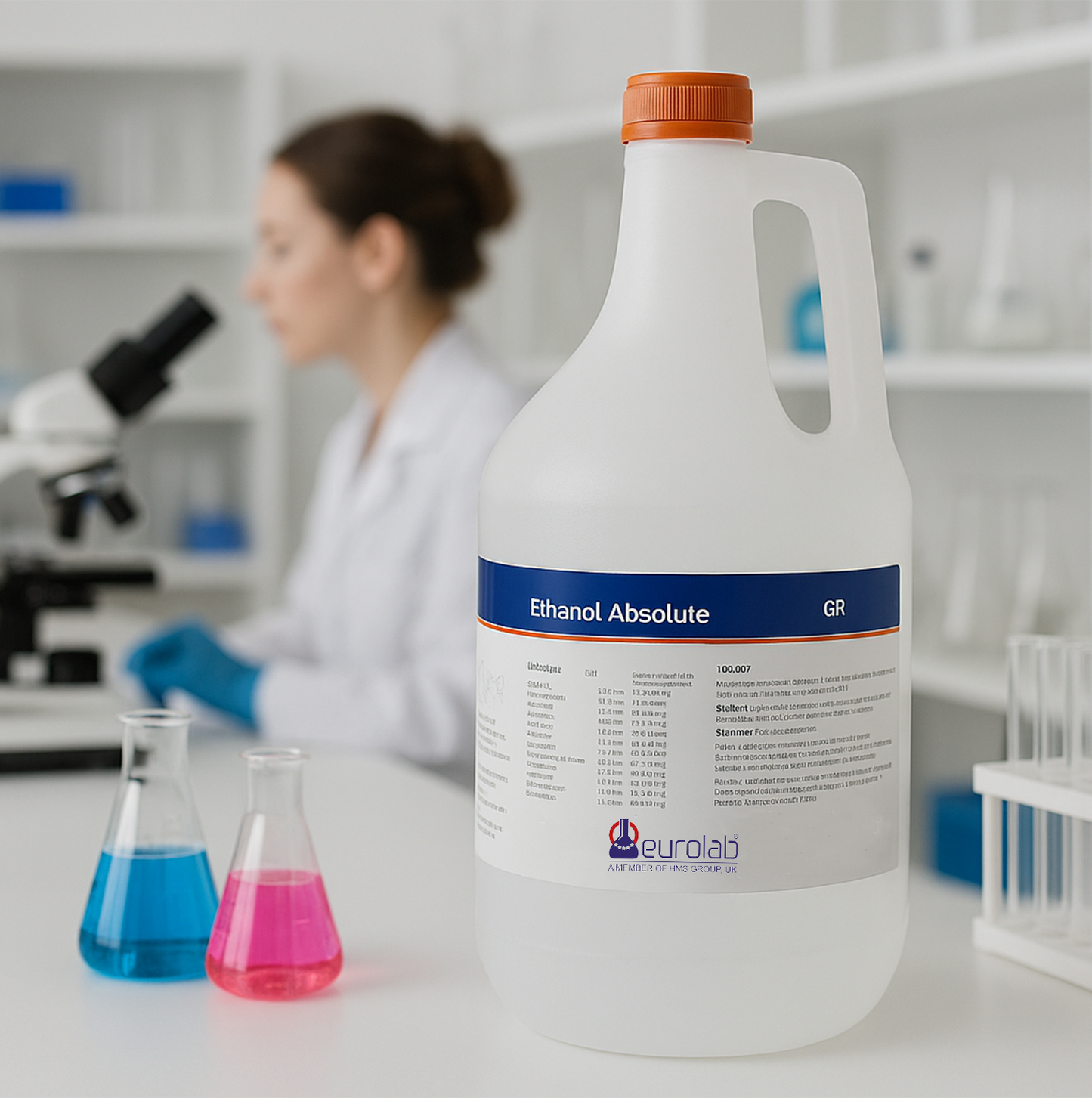 Eurolab Container of ethanol absolute with a person in a lab setting in the background