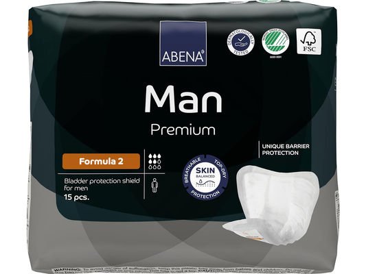 Man Formula 2 Incontinence Pads for Men, Eco-Labelled Mens Incontinence Pads, Extra Protection, Breathable & Comfortable with Fast Absorption, Discreet - 700ml Absorbency, 15PK