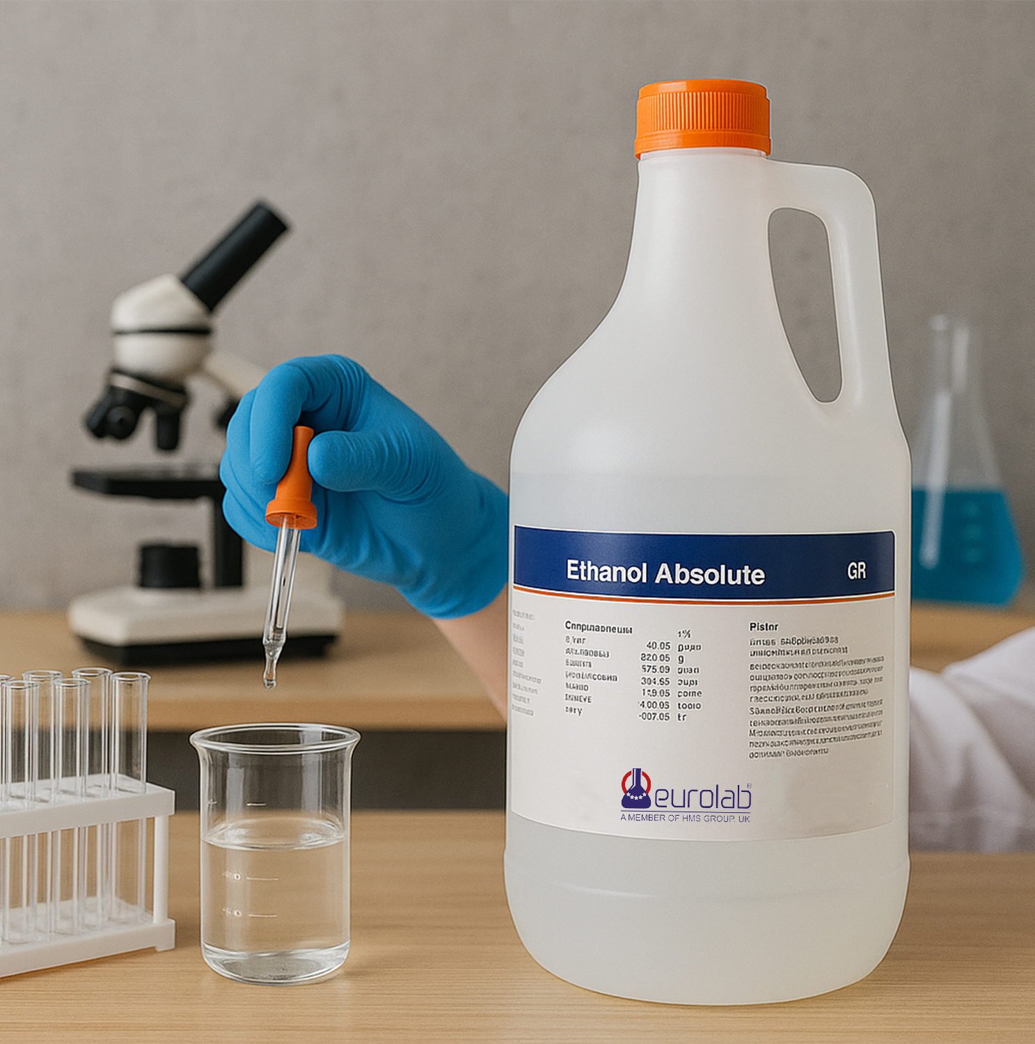 Eurolab Person holding a bottle of Ethanol Absolute GR with laboratory equipment in the background
