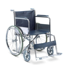 A standard manual wheelchair with adjustable footplate, foldable width, and a black seat and backrest on a metallic frame with wheels.