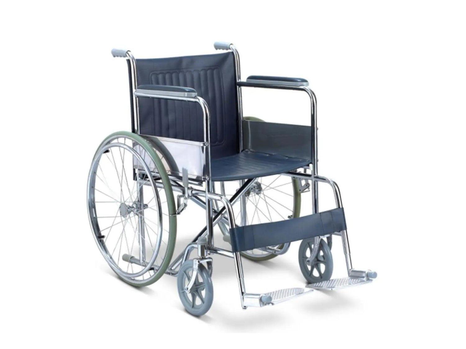A standard manual wheelchair with adjustable footplate, foldable width, and a black seat and backrest on a metallic frame with wheels.