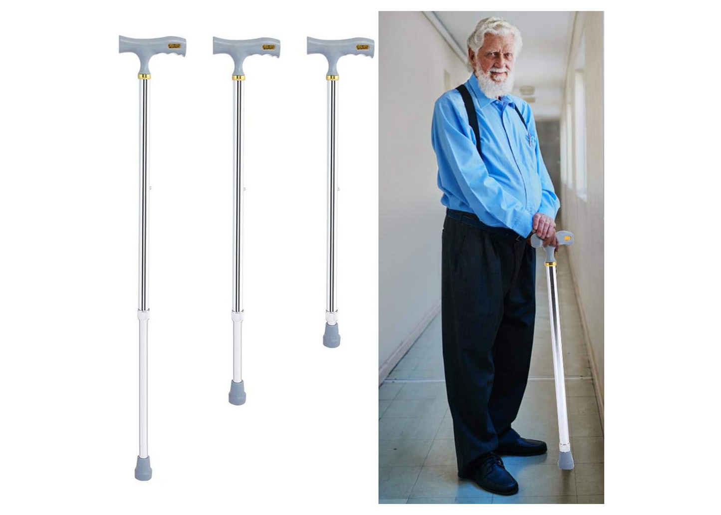 Naroote Aluminum Alloy Walking Stick – 10-Level Safety Adjustment (Silver, 24–38in)